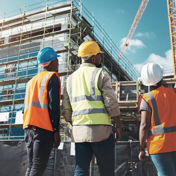 Shot of a group of builders assessing progress at a construction site